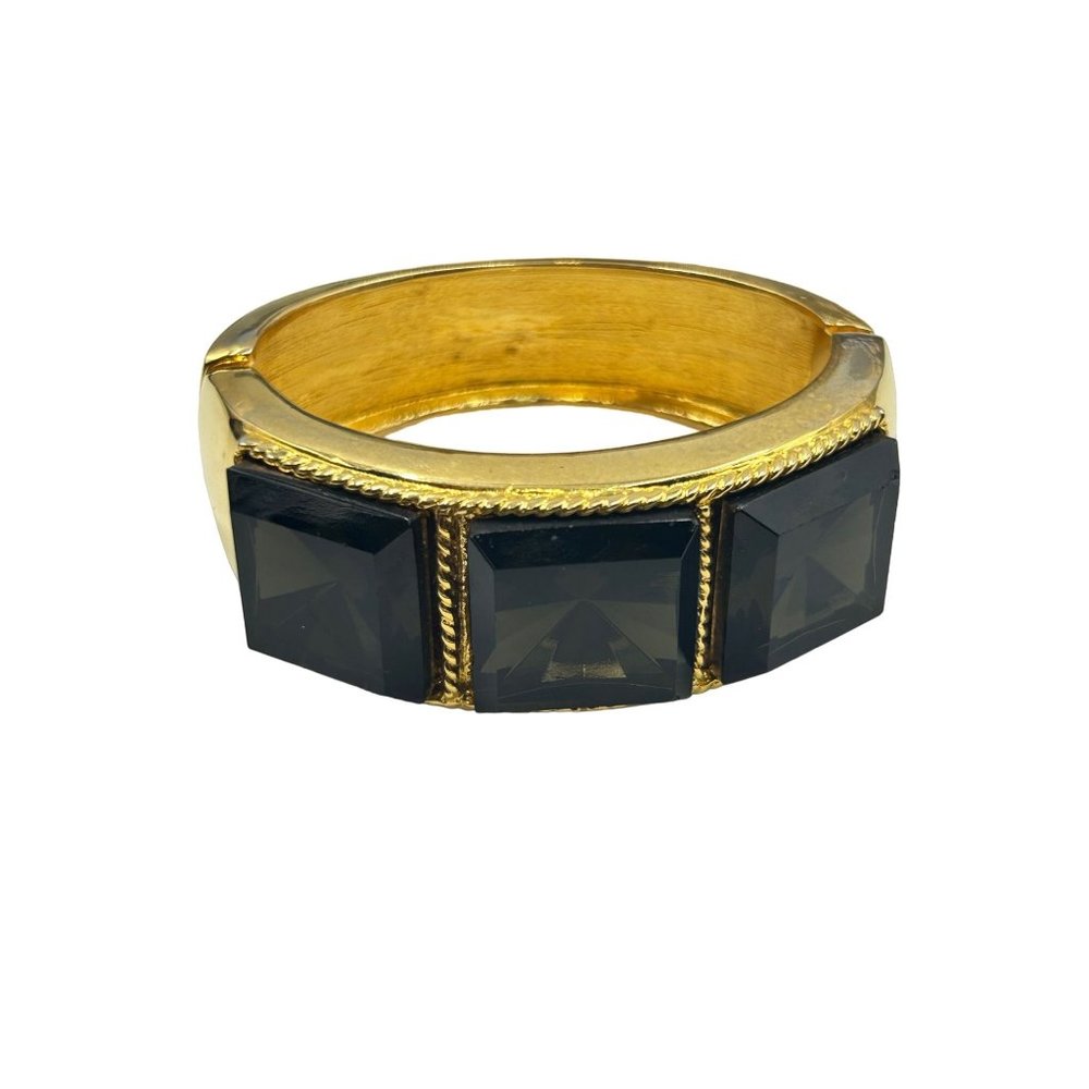 Vintage KJL Hinged Bangle Bracelet Chunky Gold Tone & Brown Topaz Glass Stones